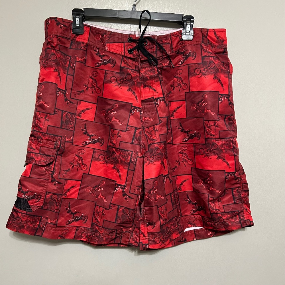 No Fear Mens Board Shorts 37 Red Motorcycle Patchwork Side Pocket Beach Resort